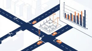 Aerial view of a busy urban road intersection overlaid with digital traffic flow arrows, analytics icons, and performance metrics for a Traffic Impact Assessment.