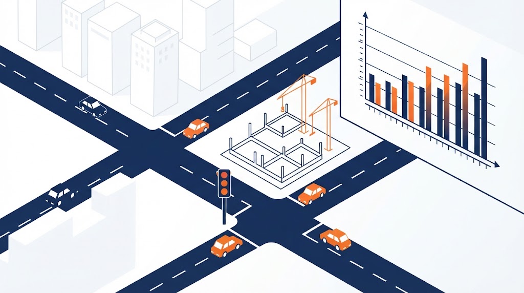 Aerial view of a busy urban road intersection overlaid with digital traffic flow arrows, analytics icons, and performance metrics for a Traffic Impact Assessment.